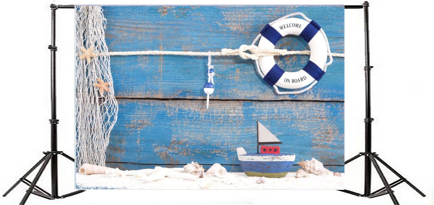 Yeele Tablero de férula de madera azul de 7 x 5 pies, fondos para fotos de marinero, ancla náutica, redes de pesca de mar, concha, fondo de