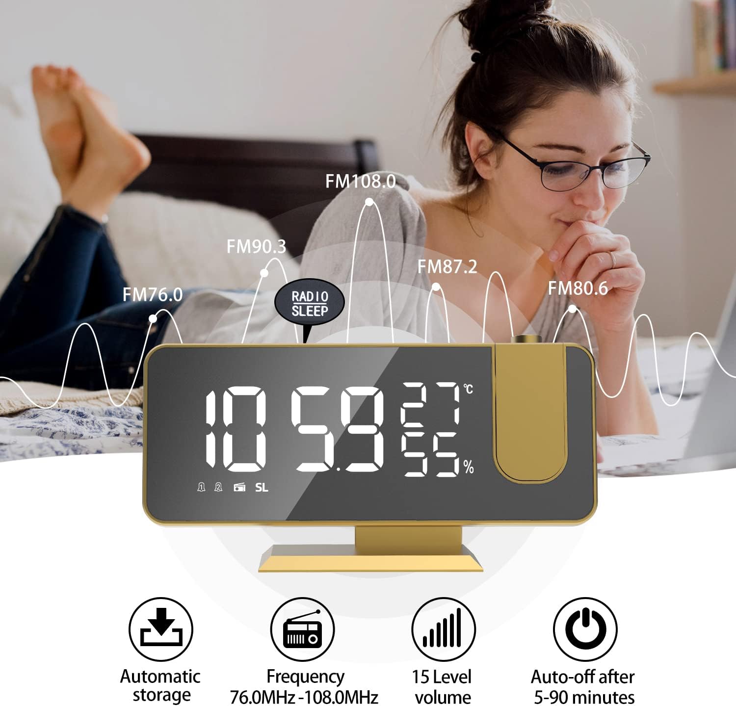 Mightree Reloj despertador de proyección para dormitorio, reloj despertador digital con cargador USB, pantalla de espejo LED grande de 7.4 pulgadas,