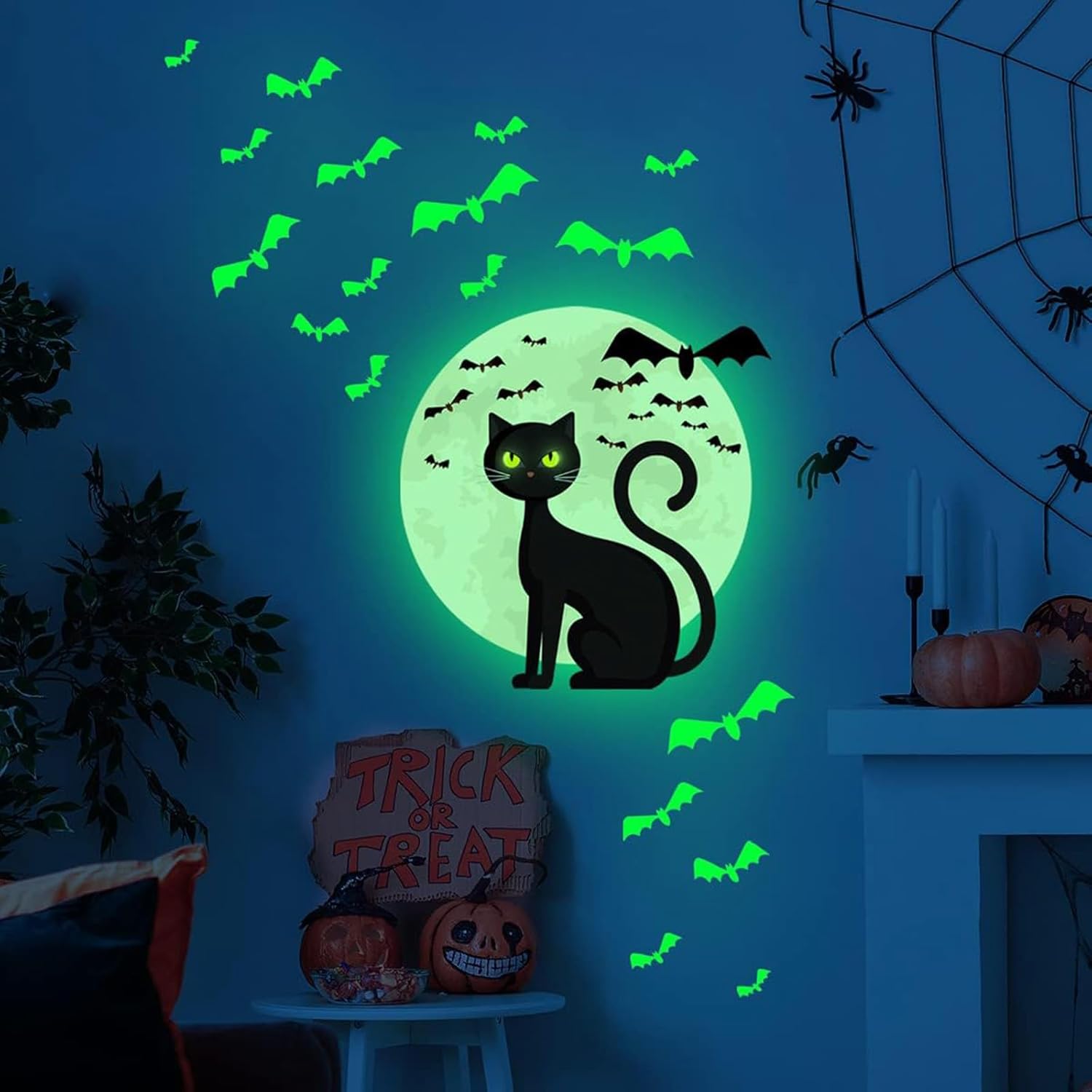 Calcomanías de pared de Halloween que brillan en la oscuridad, calcomanías luminosas para ventana de Halloween, calcomanías de ventana de gato,