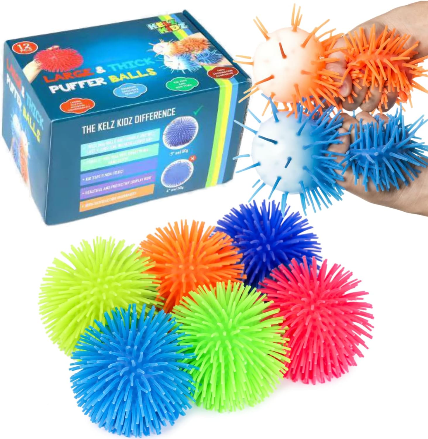 KELZ KIDZ Pelotas acolchadas grandes y gruesas de alta calidad para divertidos recuerdos de fiesta para niños, paquete a granel de 12 unidades,