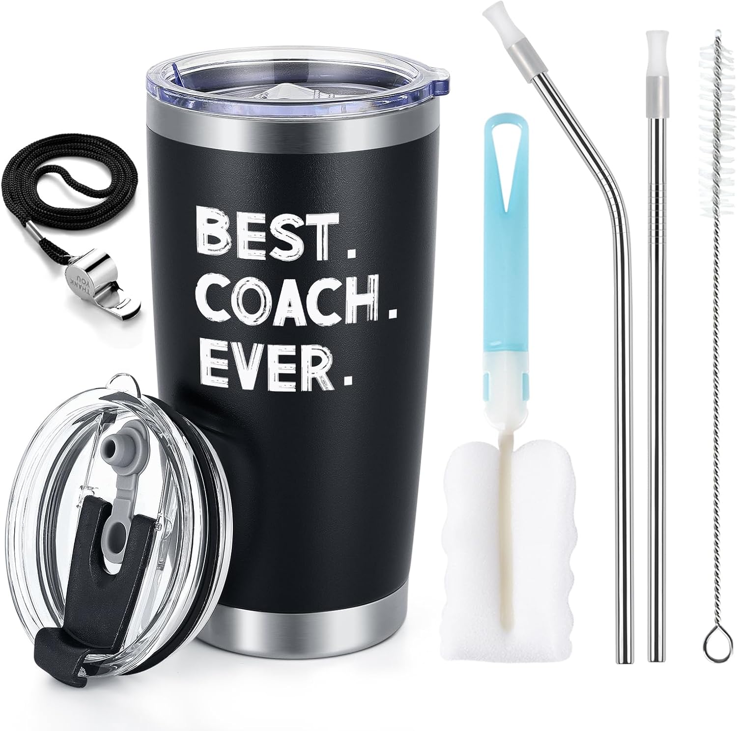 Regalos para entrenadores, vaso de viaje de acero inoxidable con tapas, pajitas y silbato para entrenadores, regalos de entrenador de fútbol y