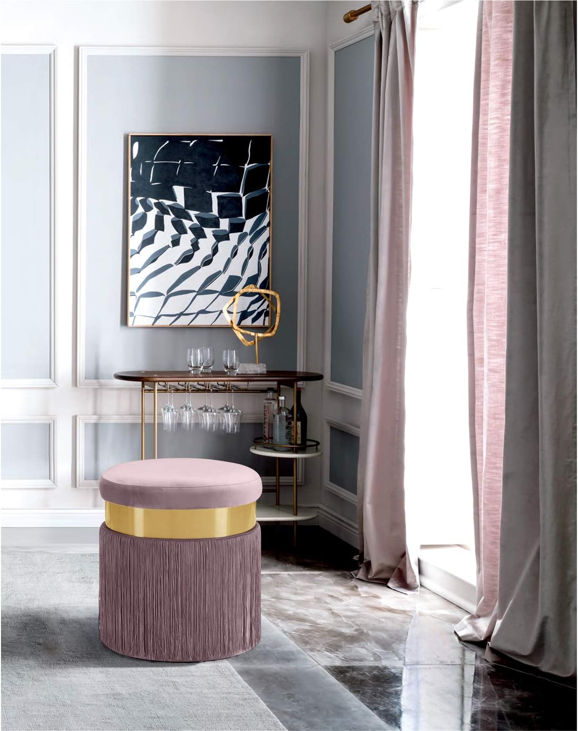 Meridian Furniture Yasmine Collection Modern – Taburete otomano tapizado de terciopelo contemporáneo con banda de acero inoxidable con acabado