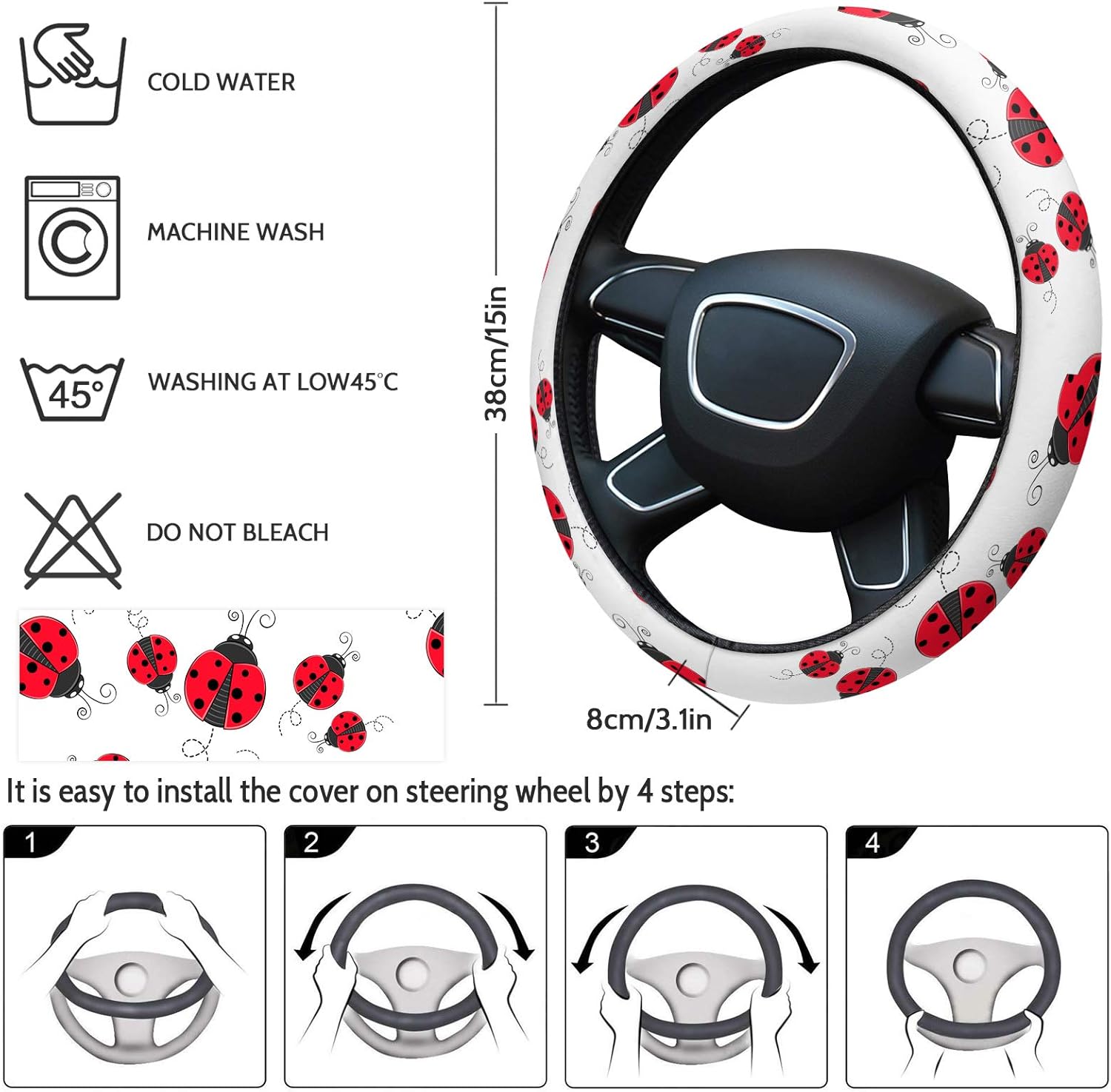 Funda protectora para volante de automóvil, diseño de mariquita roja, naturaleza, insectos, elástica, esponja, elástica, para vehículos, camiones,