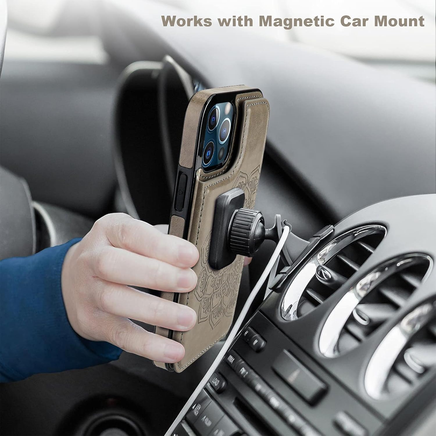 Vaburs Funda compatible con iPhone 13 Pro Max con tarjetero y diseño de mandala en relieve, de piel sintética, doble botones, a prueba de golpes,
