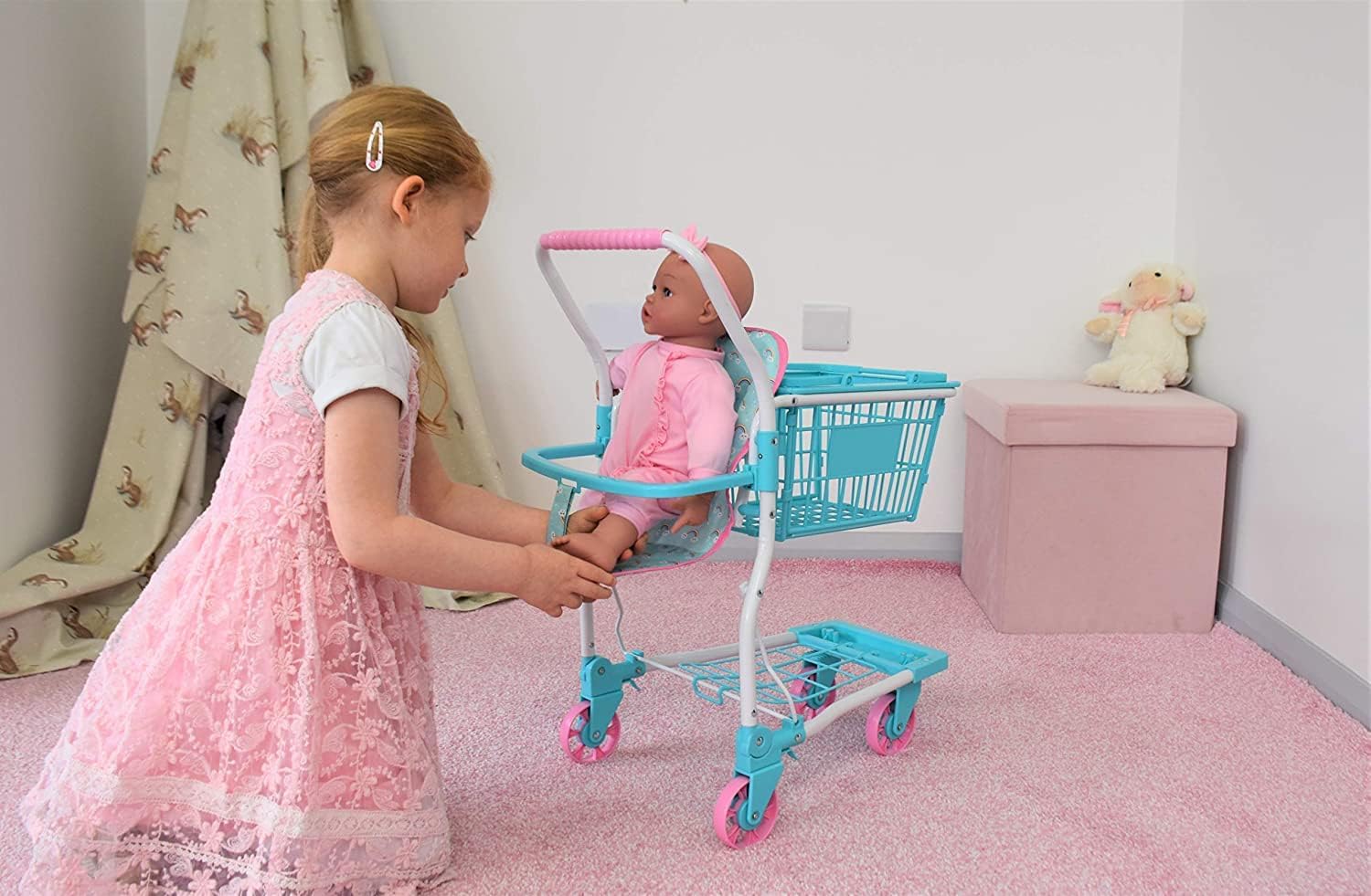 KOOKAMUNGA KIDS Carrito de compras de juguete con cesta de mano extraíble  Carrito de comestibles realista 2 en 1 para niños con soporte de asiento