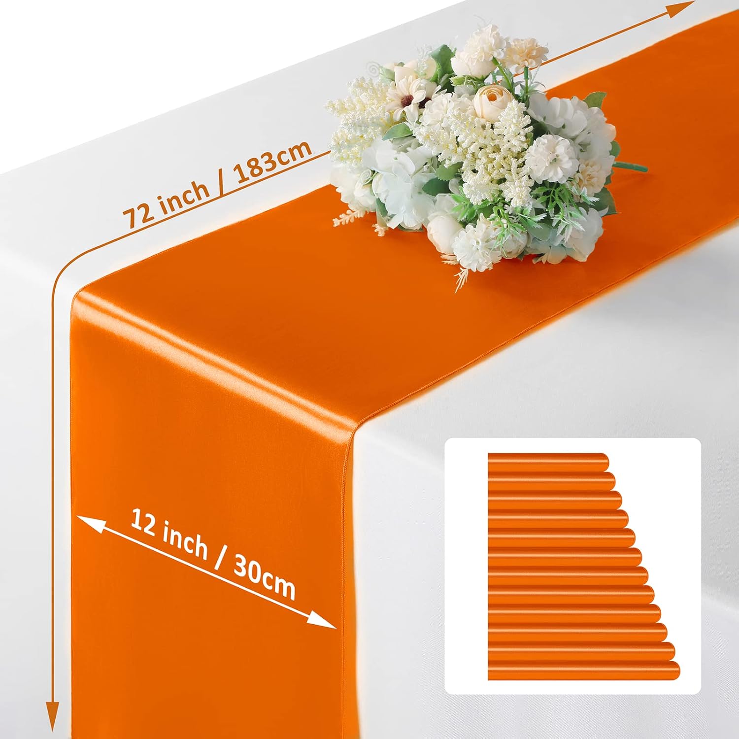 12 caminos de mesa color naranja satinado  12 x 72 pulgadas de largo, camino de mesa para fiesta, decoración brillante y suave, decoración de boda,
