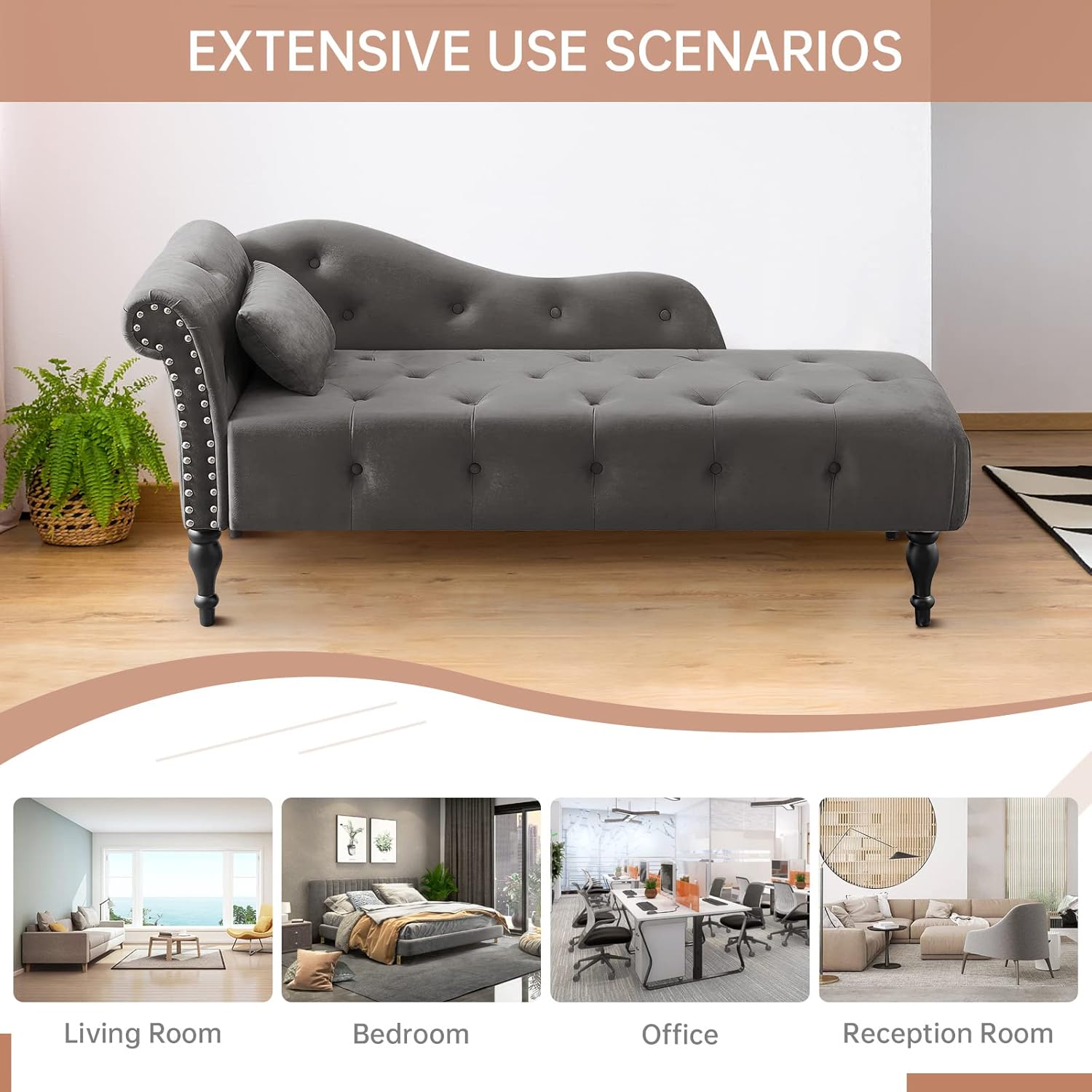 Chaise Lounge – Silla de terciopelo para interiores con almohada, con botones copetudos, brazo derecho, con ribete de cabeza de clavos y patas