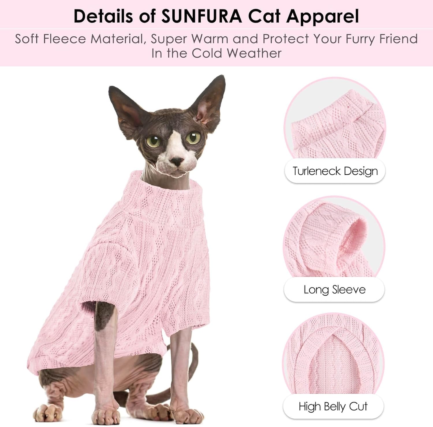SUNFURA Suéteres de gato solo para gatos, suéter de cuello alto con mangas, camisa de gatos sin pelo Sphynx, ropa transpirable para gatitos, pijama