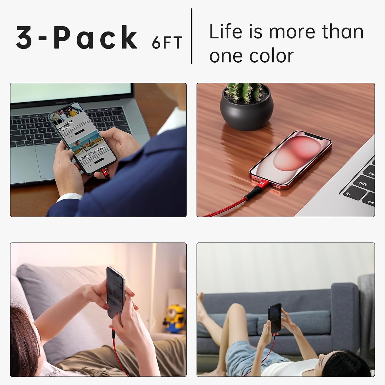 Paquete de 3 cables USB C de 6 pies, 3A60 W USB A a USB C de carga rápida, cargador trenzado de nailon duradero tipo C compatible con Galaxy S22