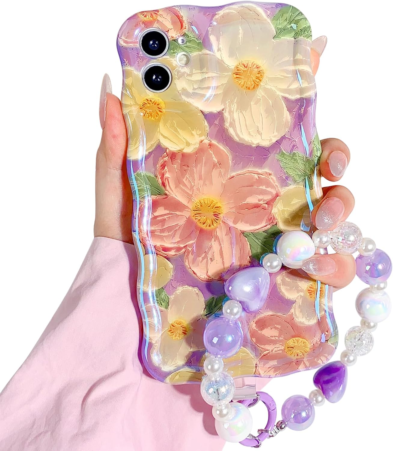 NITITOP Funda compatible con iPhone 11, bonita funda de pulsera de flores de aceite moradas con bonita correa de muñeca con cordón de flores para