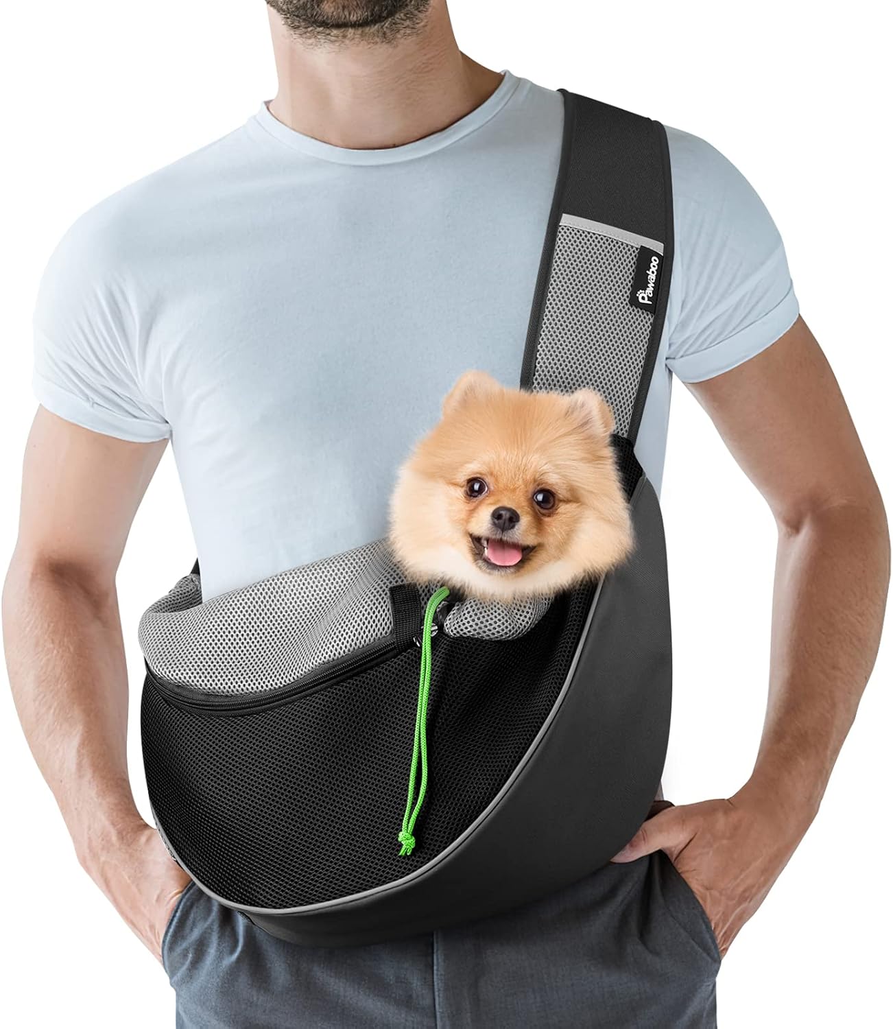 Pawaboo Bolsa transportadora para perros con cordón para mascotas, con cordón para manos libres, con correa ajustable, bolsa de malla transpirable