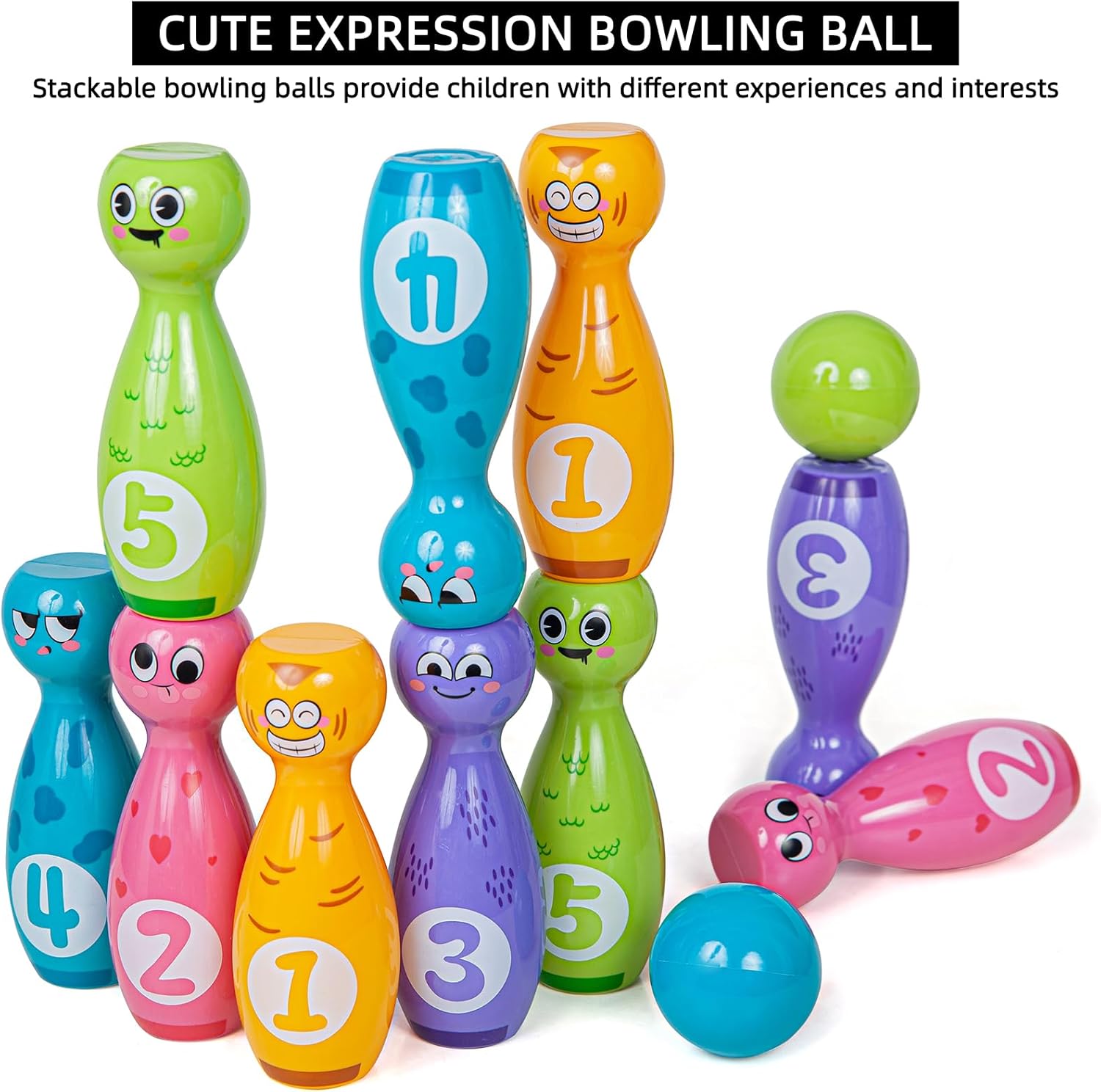 Juego de bolos para niños de 2 a 5 años, incluye 10 pines de plástico y 2 bolas, juegos de actividades en interiores, regalos de cumpleaños para