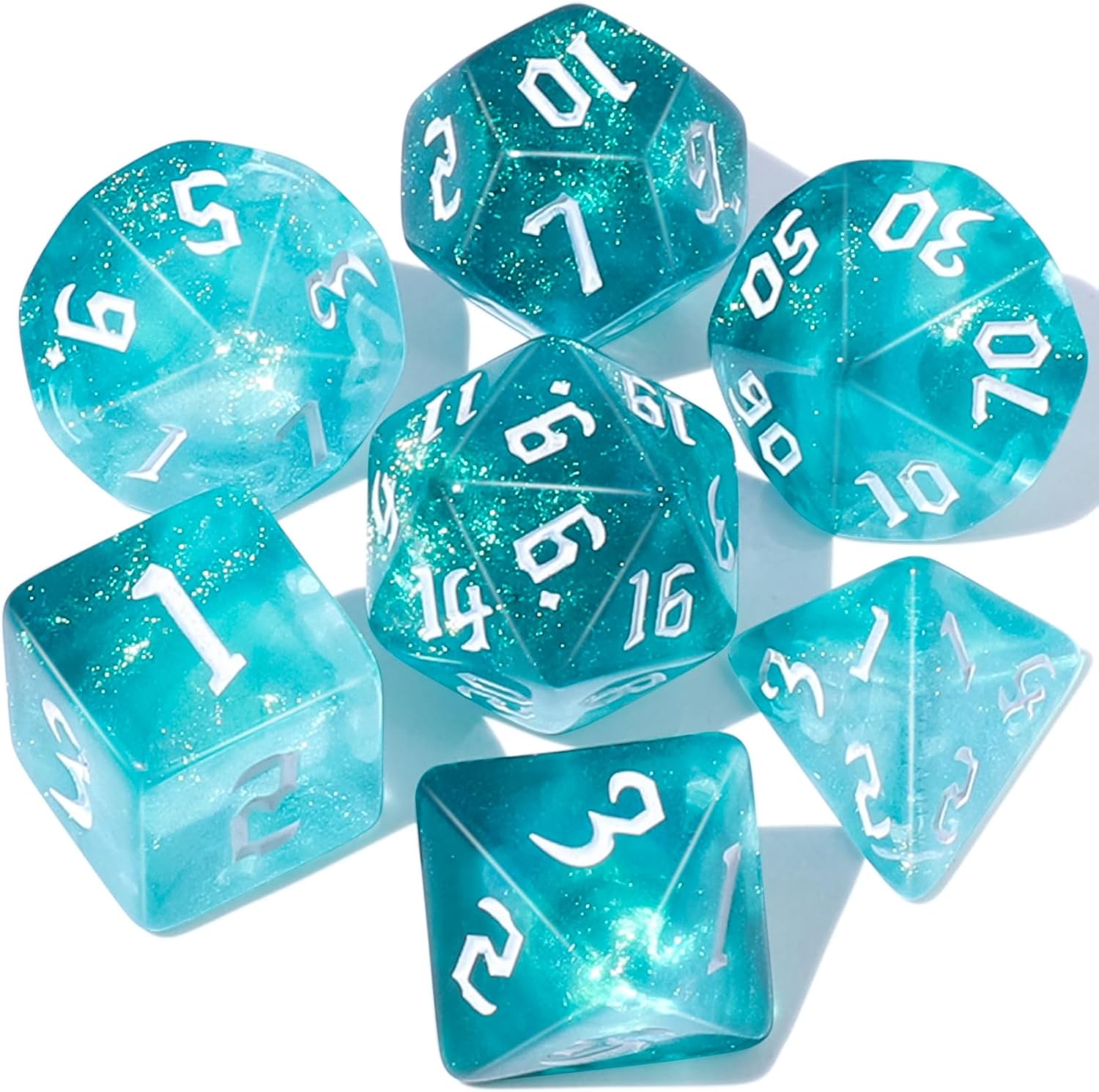 CiaraQ DND – Juego de dados poliédricos para juegos de rol de Dungeons and Dragons RPG MTG, con 1 bolsa de dados (aguamarina + brillantina)