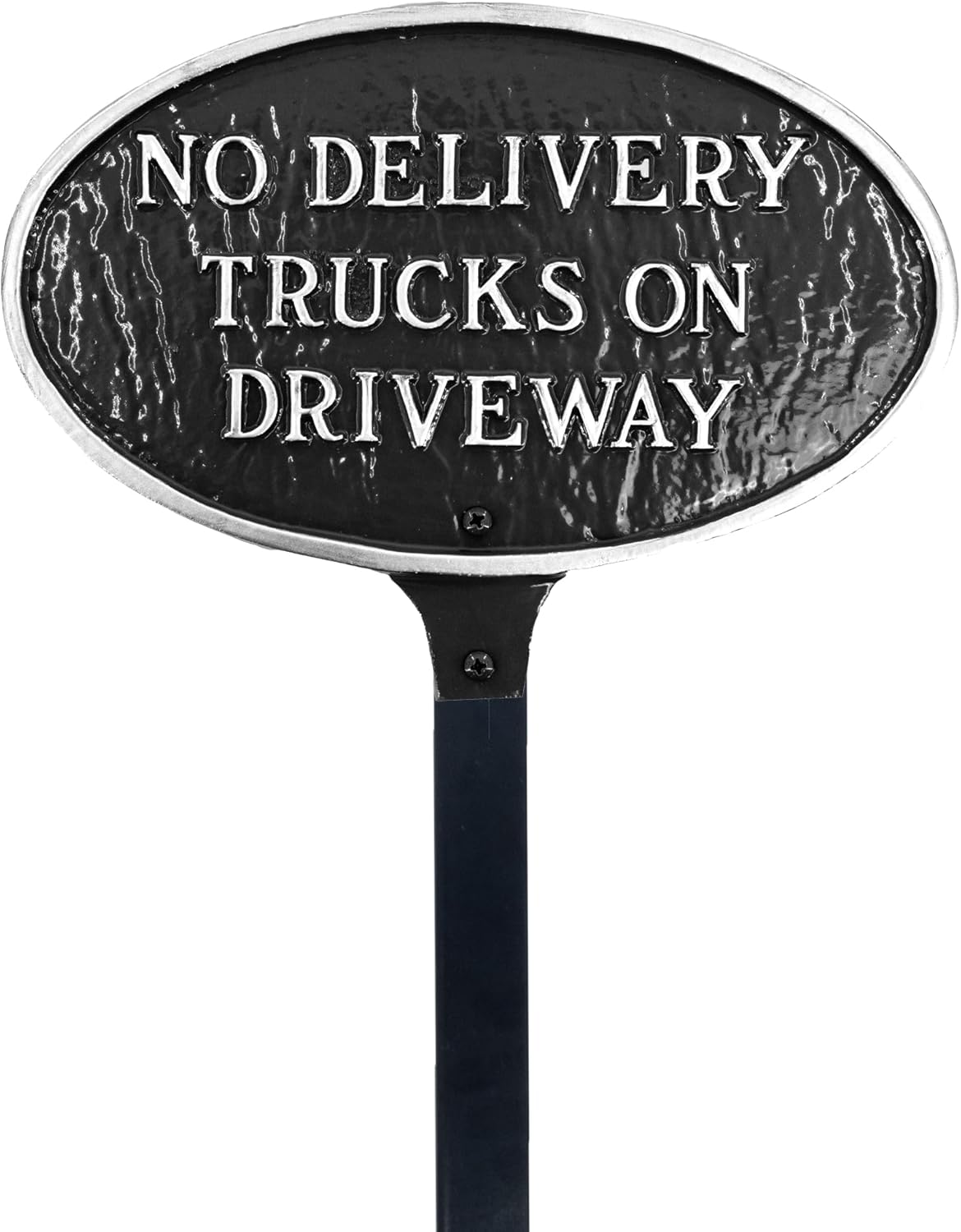 Placa ovalada con texto en inglés “No Delivery Trucks on Driveway” – Placa de visualización de pared o césped – Señal de advertencia comercial –