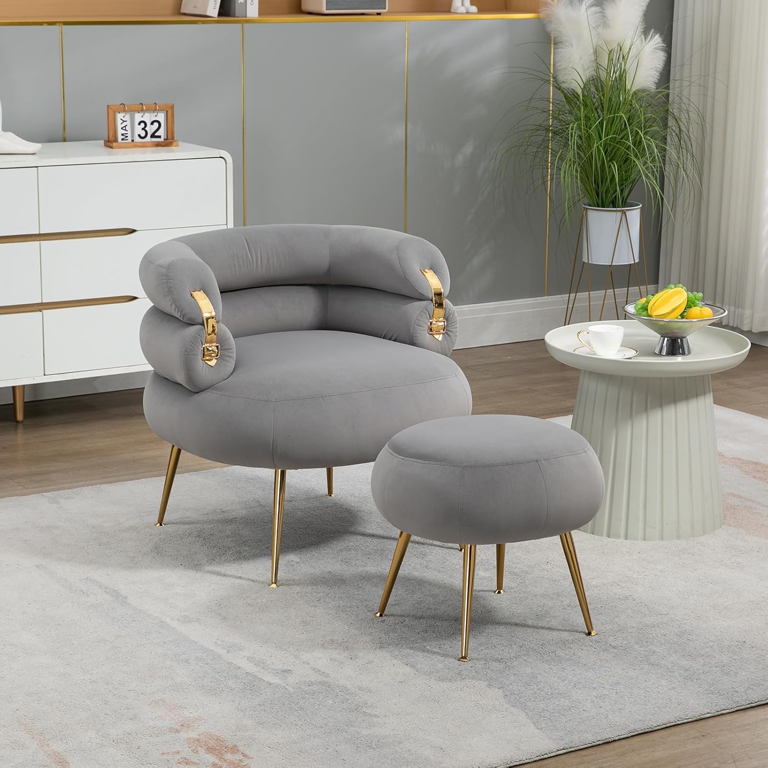 Sudwesto Silla decorativa de terciopelo con otomana, sillón tapizado moderno, silla de ocio individual con patas de metal dorado para sala de estar,