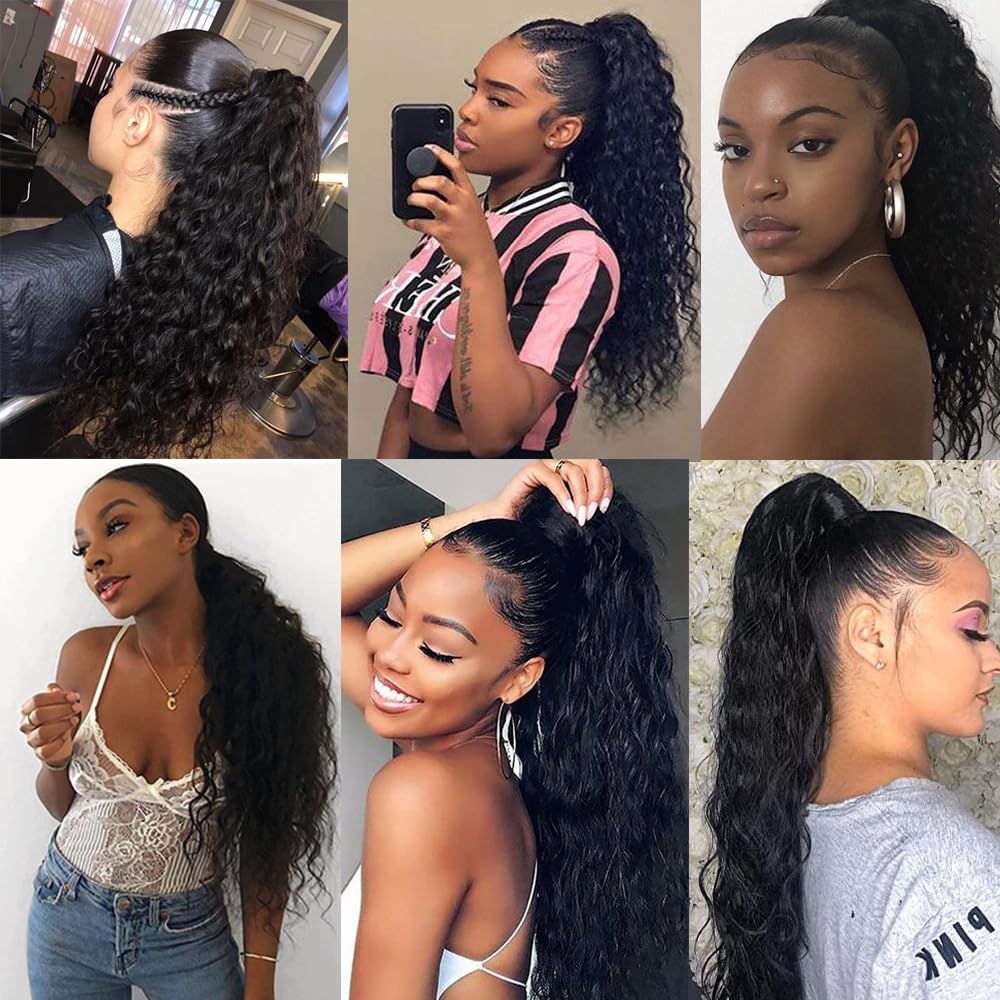 Extensión de cabello humano con cordón de 16 pulgadas, color negro natural para mujer, extensiones de cola de caballo con clip, extensiones de cola
