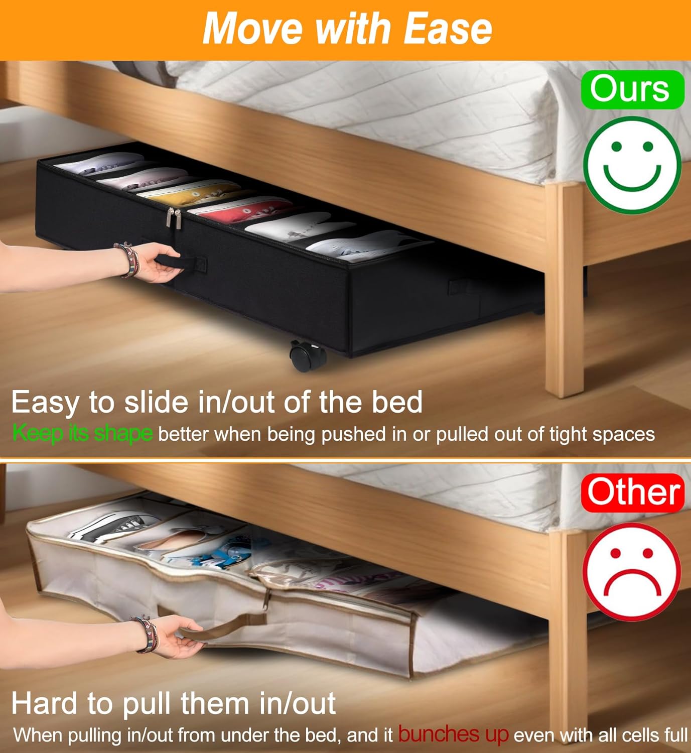 punemi Organizador de almacenamiento de zapatos debajo de la cama con ruedas y divisores ajustables, contenedores de solución de almacenamiento de