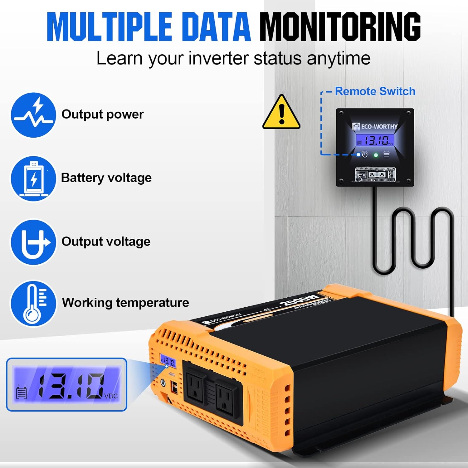 ECO-WORTHY Inversor solar de onda sinusoidal pura de 2000 W, convertidor de 12 V CC a 120 V CA para el hogar, caravana, camioneta. Puerto USB dual