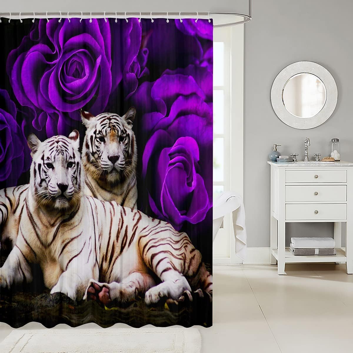 Cortina de ducha de tigre blanco, juego de cortinas de ducha de baño con rosas moradas, flores de animales salvajes, cortinas de baño impermeables