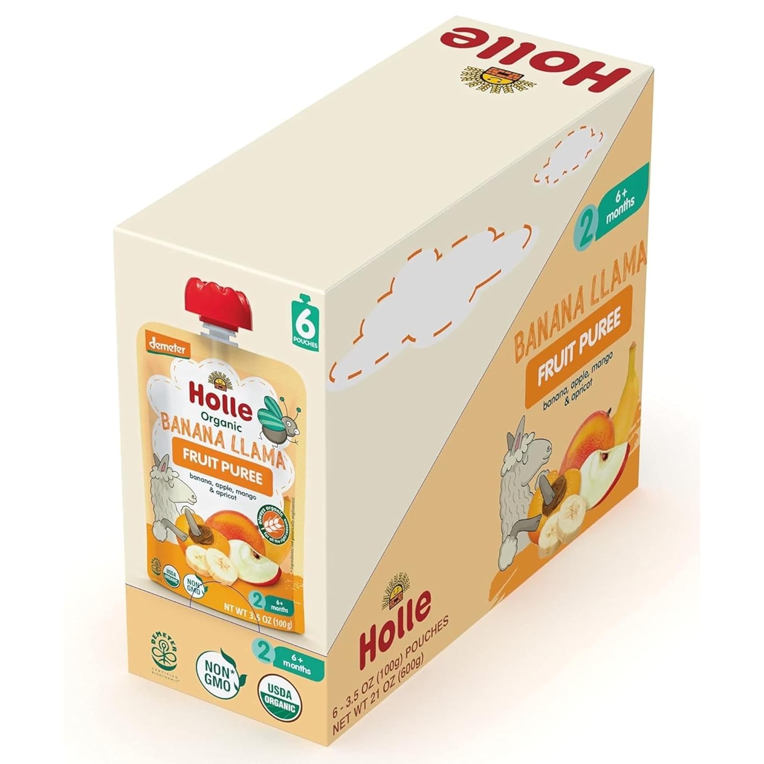 Holle Bolsas orgánicas de comida para bebés, puré de plátano y llama para bebés con plátano, manzana, mango y albaricoque, (paquete de 6) bocadillos