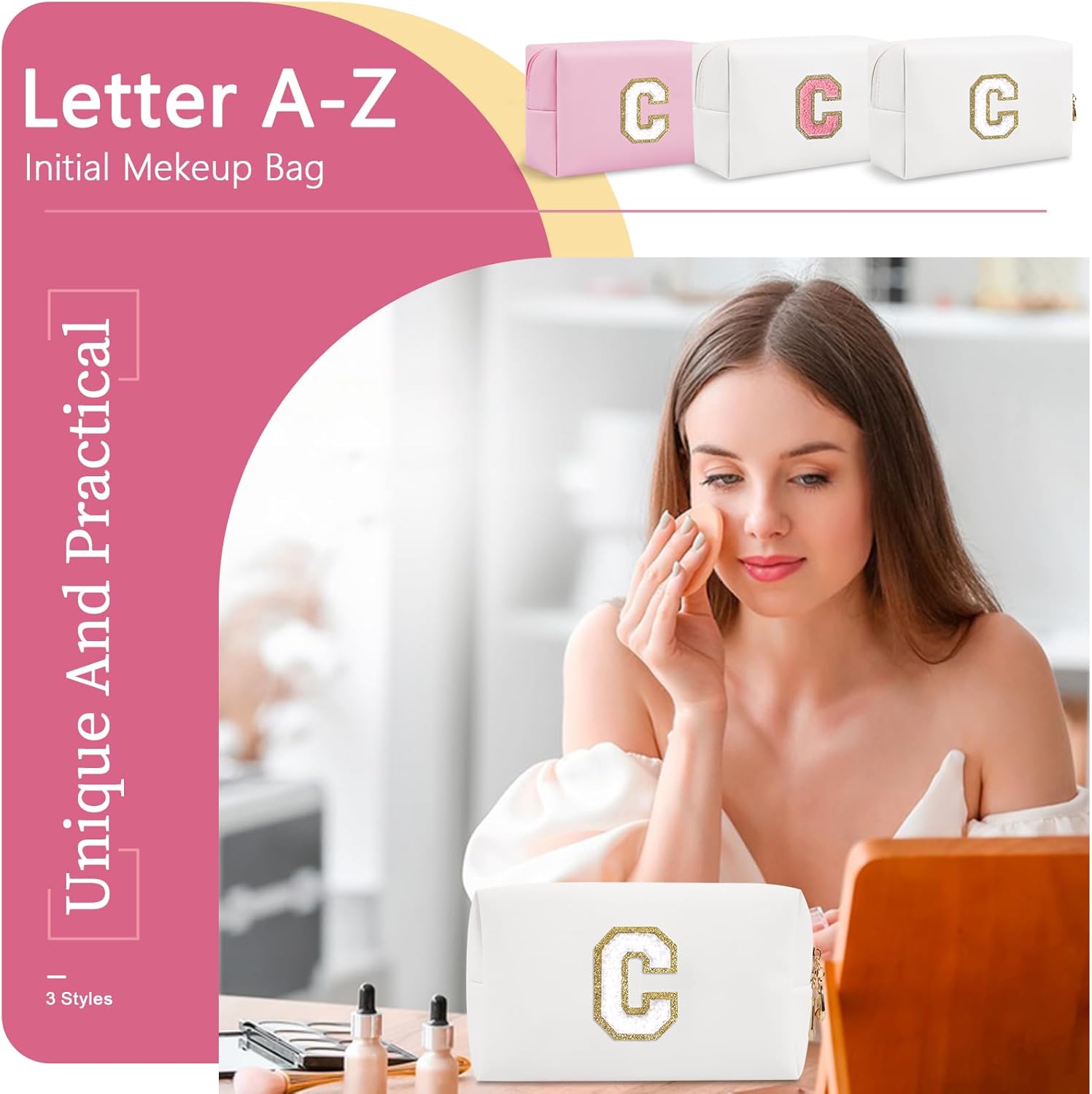 Bolsa de maquillaje personalizada con inicial A-Z, pequeña bolsa de cosméticos de viaje de piel sintética con cremallera, bonita bolsa de aseo