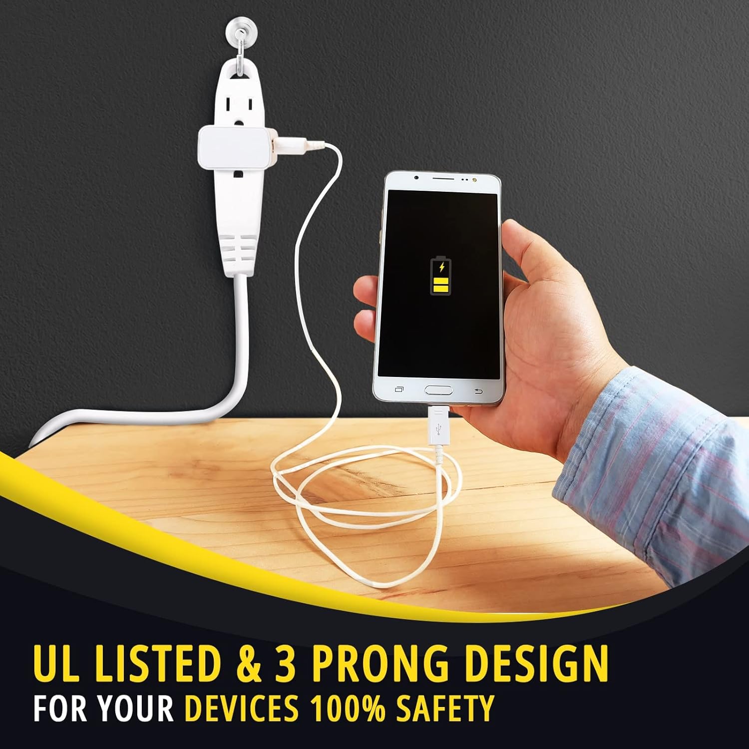 Cable de extensión de 3 tomas de corriente SJTW para uso en interiores y exteriores, con certificación UL, enchufe recto de 3 clavijas, 13 amperios,