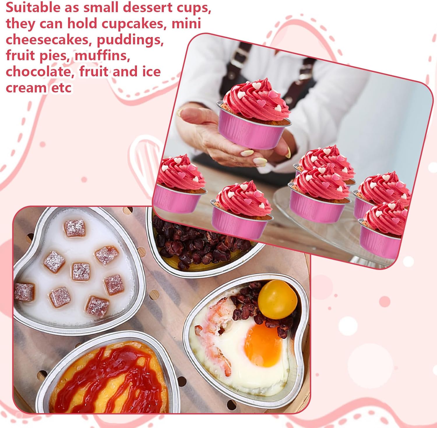 50 moldes para pasteles en forma de corazón, mini tazas de aluminio para cupcakes, 3.5 onzas líquidas, molde de papel de aluminio para pasteles con