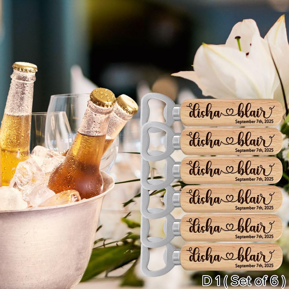 Personalized Bottle Openers, Wooden Custom Couple’s Names & Date Openers for Wedding Gift, Idea Gifts for Wedding (Set of 6)