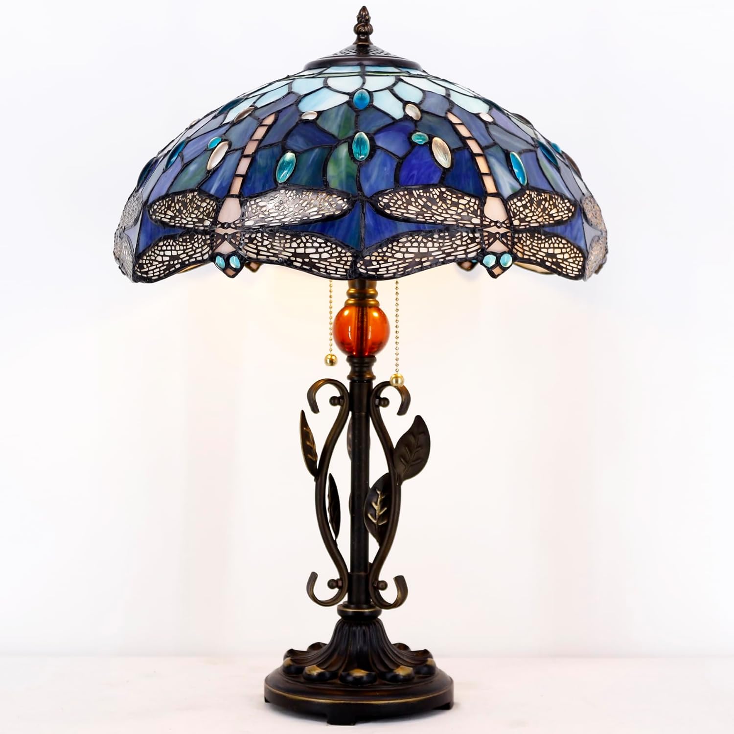 Tiffany – Lámpara de mesa con vitrales, luz de lectura de escritorio de 16 x 16 x 24 pulgadas, hoja de metal para dormitorio, sala de estar, oficina