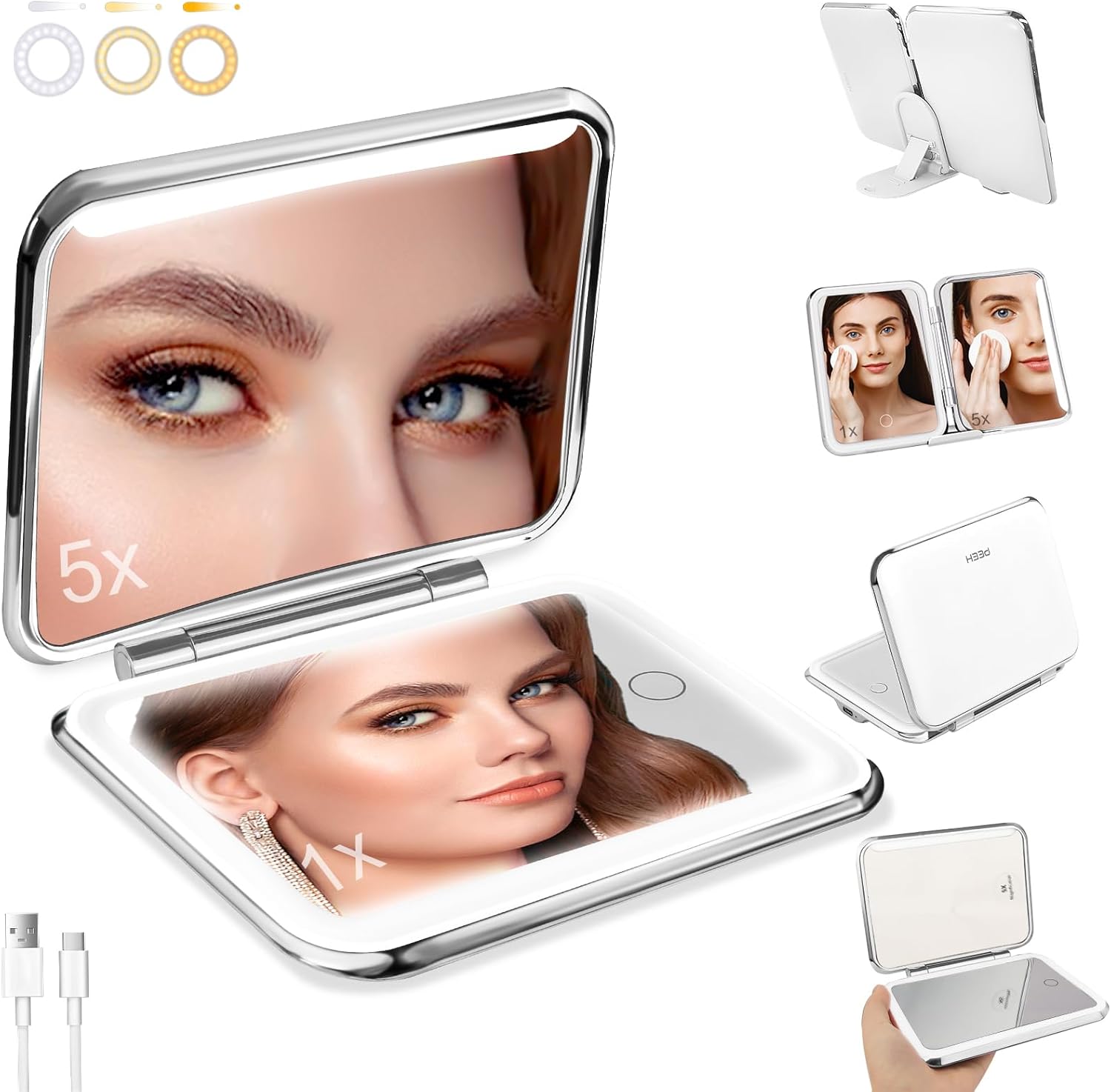 Omobolanle Espejo de maquillaje de viaje con luces, espejo de escritorio con luz, espejo de aumento 5X con soporte, luces de apagado automático,