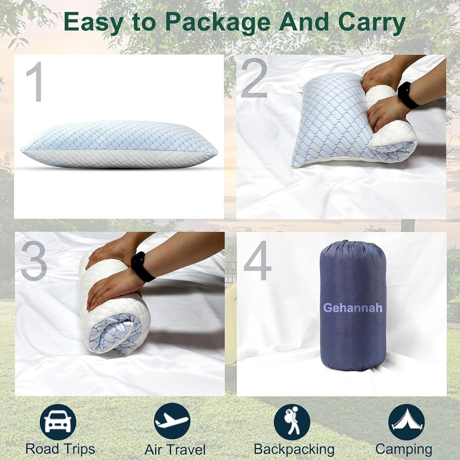 Gehannah Almohada de viaje  Almohada comprimible para acampar de gran tamaño para dormir, almohada de espuma viscoelástica triturada con bolsa de
