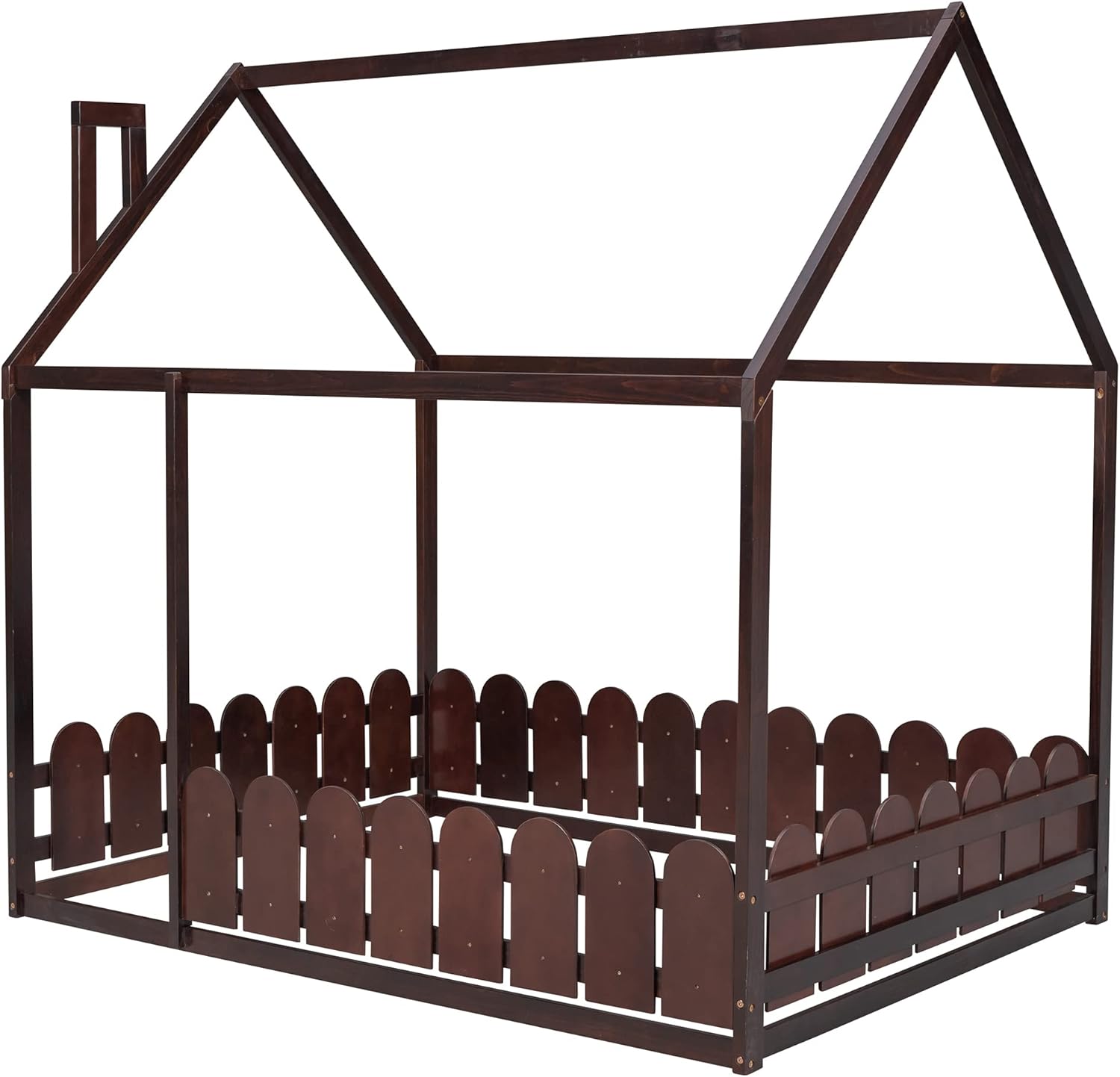 Montessori – Base de cama de tamaño matrimonialcasa, cama de piso para niños, cama de piso Montessori con valla, puerta y chimenea, color espresso