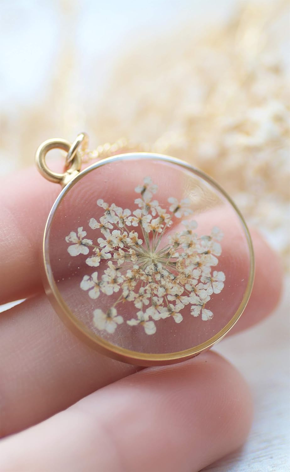 Olive Bella Handmade Pressed White Flower Necklace for Women Queen Anne’s Lace 14k Gold Filled Chain 18 inches