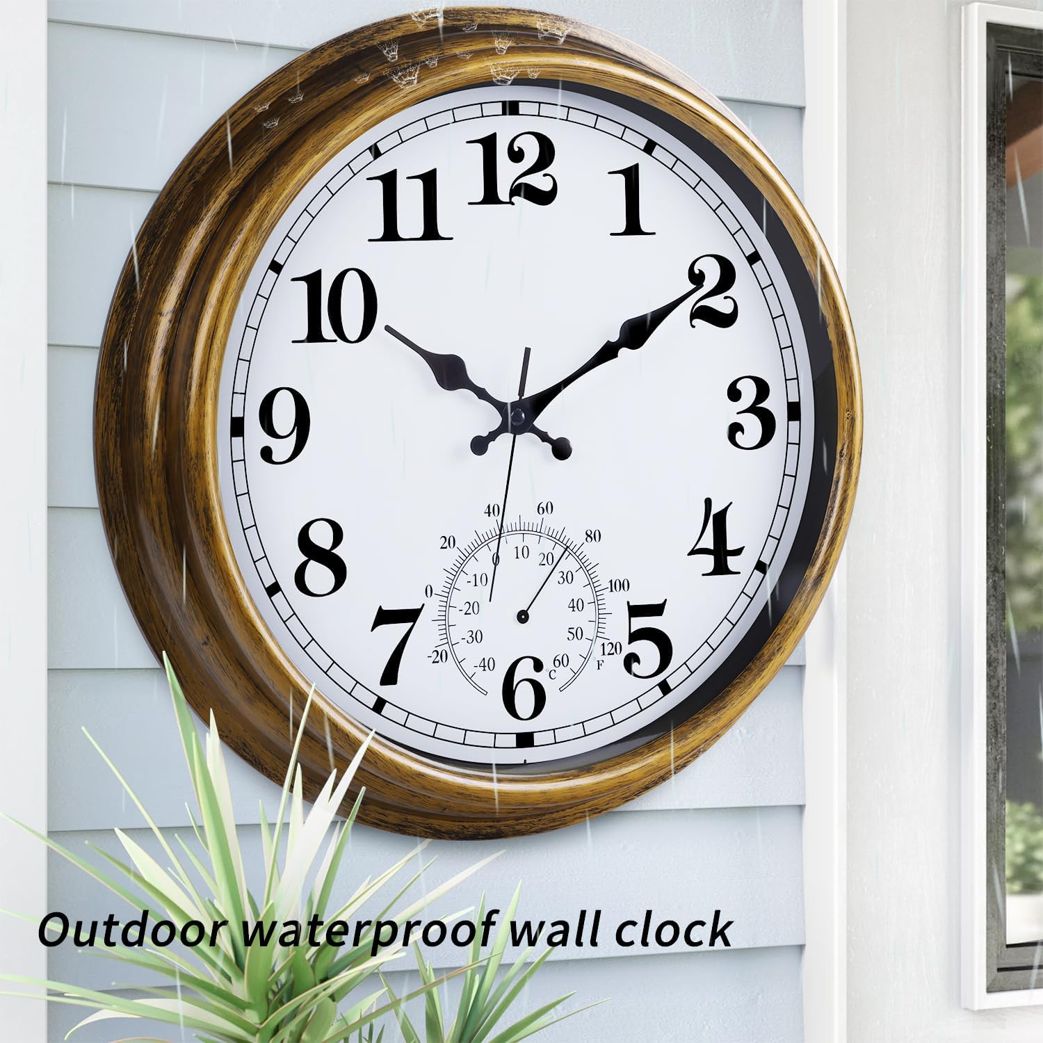 Reloj grande de 16 pulgadas para exteriores, reloj retro impermeable para interiores y exteriores, reloj sin tictac con termómetro, reloj de pared a