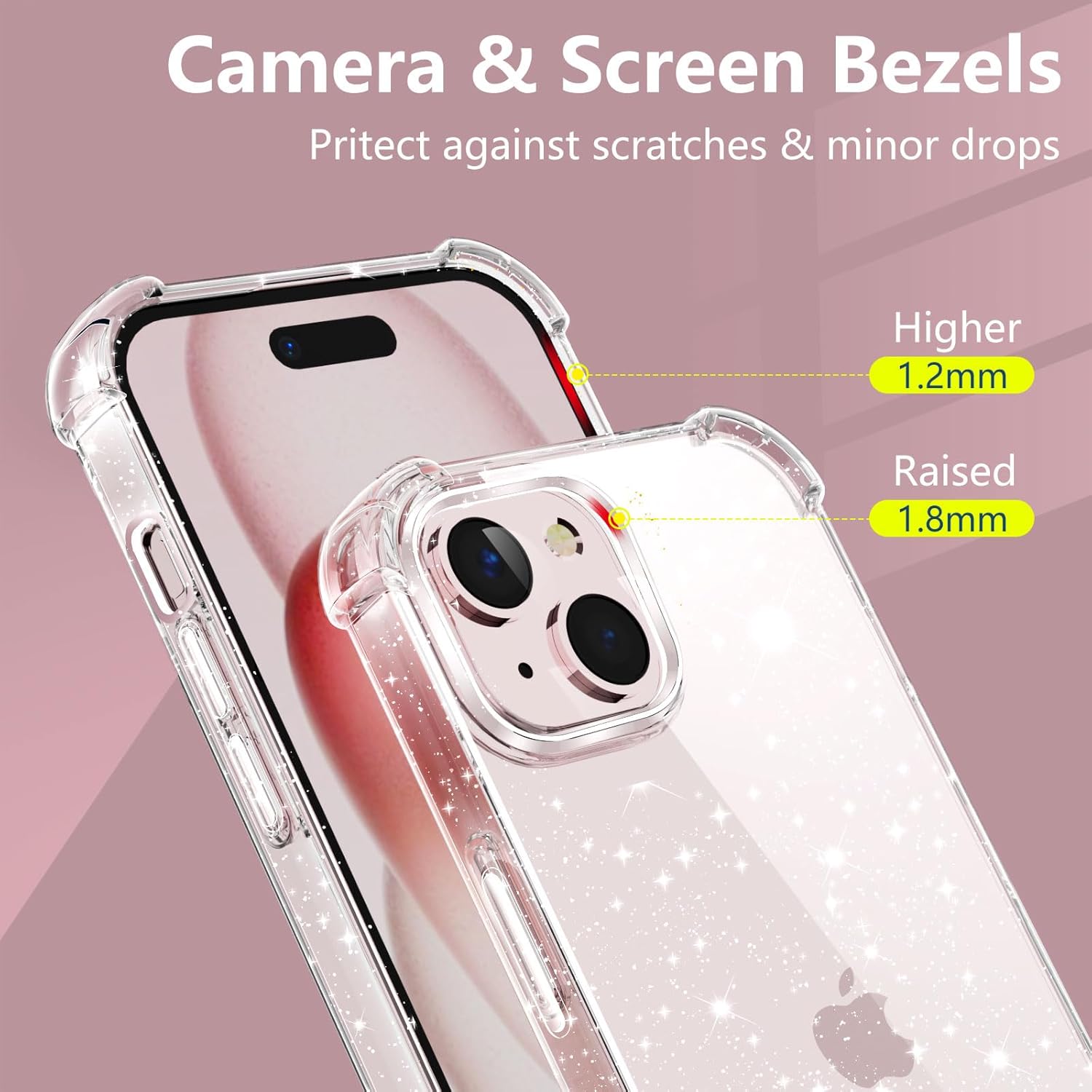 KSWOUS Funda para iPhone 15 con purpurina con 2 protectores de pantalla + 2 protectores de lente de cámara, funda transparente brillante para