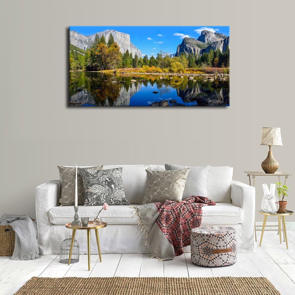 Lienzo grande para pared, paisaje de montaña y lago, arte en lienzo sobre el parque nacional de Yosemite, bosque verde, lago azul, agua, arte
