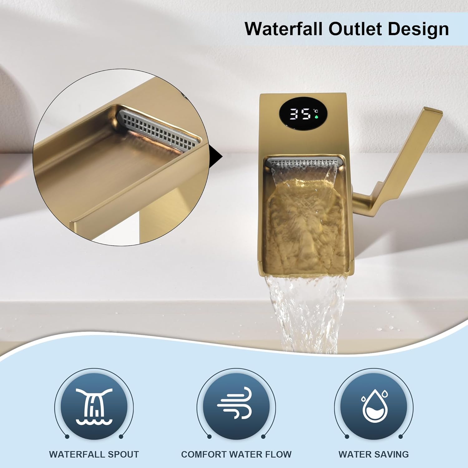 Grifo del lavabo del baño, pantalla de temperatura LED, energía hidráulica dorada cepillada, grifo de latón de una sola manija sin plomo comercial