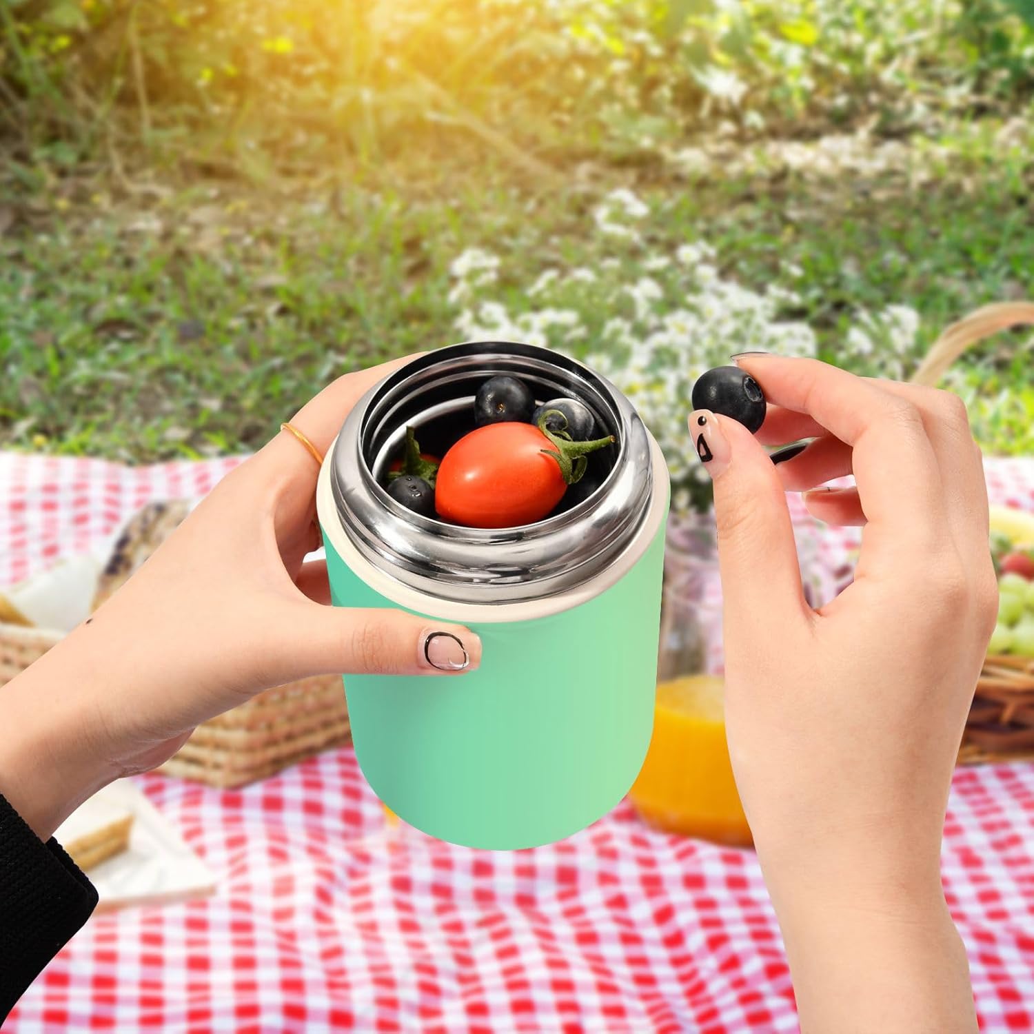 Tarro de comida verde degradado con cuchara de acero inoxidable aislado al vacío, contenedor de alimentos de 17 oz termo para adultos