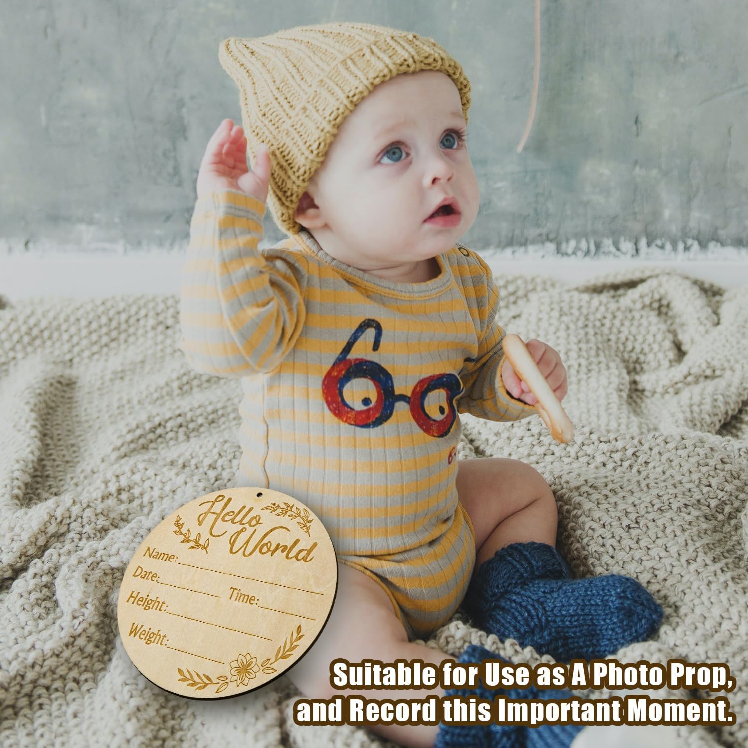 Letrero de anuncio de bebé, 5.9 pulgadas, de doble cara, de madera, con texto en inglés “Hello World”, letrero de anuncio de nacimiento de bebé,