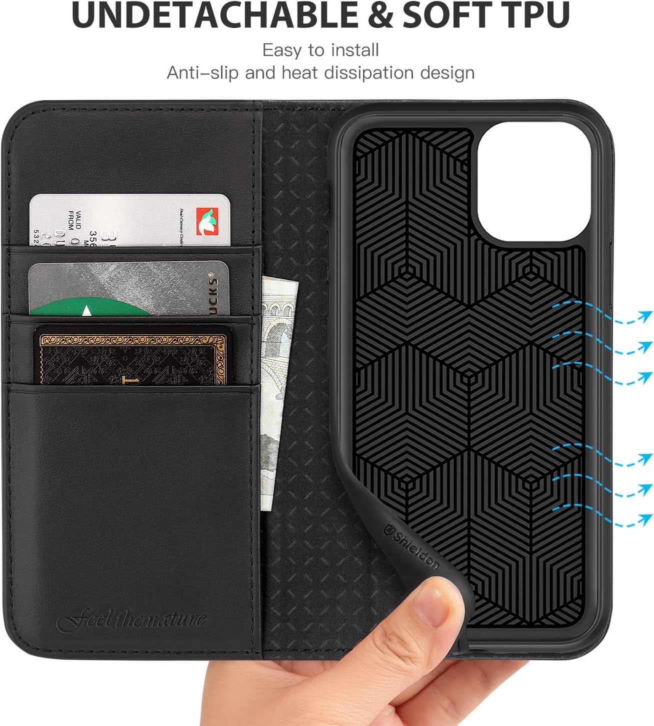 SHIELDON Funda para iPhone 11 Pro, de piel auténtica, con función de encendido y apagado automático, bloqueo RFID, ranuras para tarjetas, función
