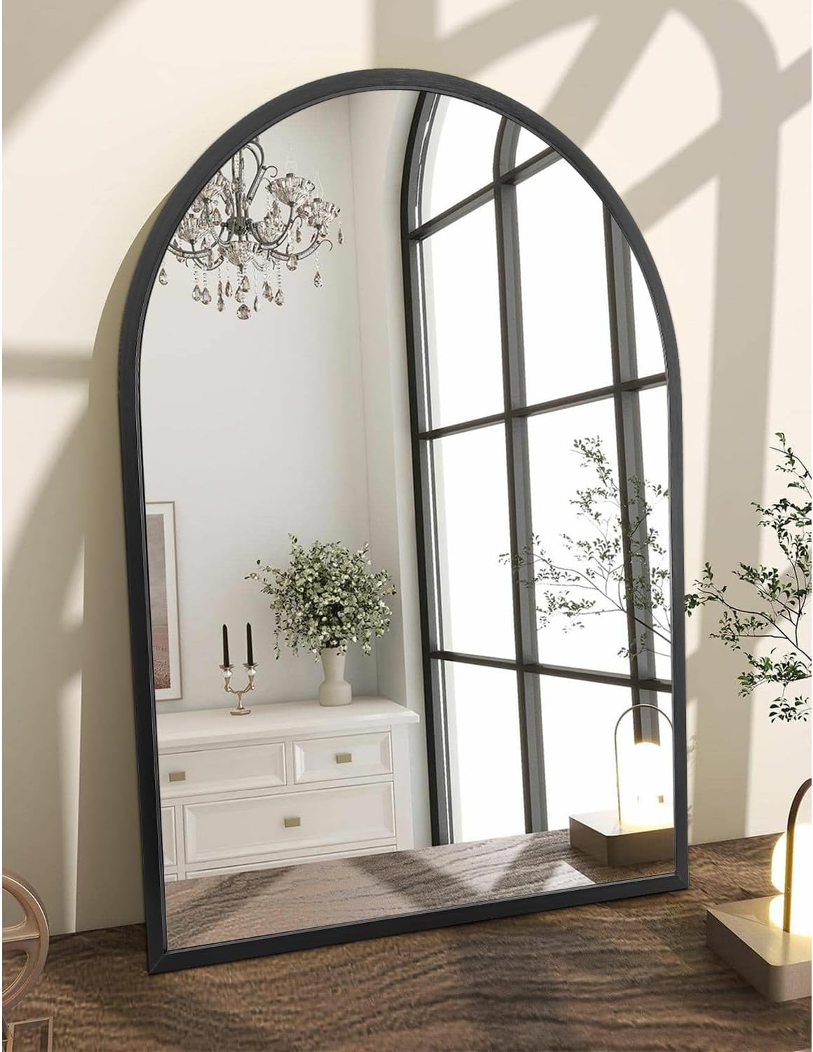 Espejo de pared de arco de 28 x 20 pulgadas, espejo grande de baño negro con marco de metal para pared, decoración de tocador, dormitorio, entrada,