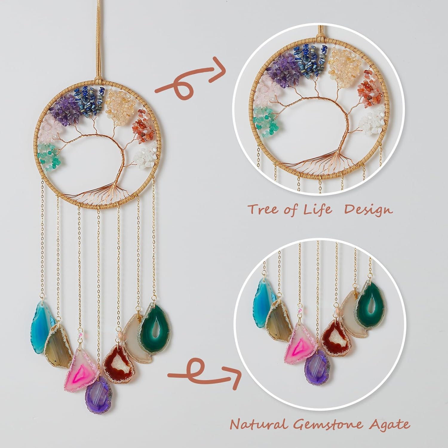 Atrapasueños de 7 ágata arcoíris con 7 chakras, árbol de la vida, atrapasueños con piedras de cristal curativo, decoración de pared hecha a mano