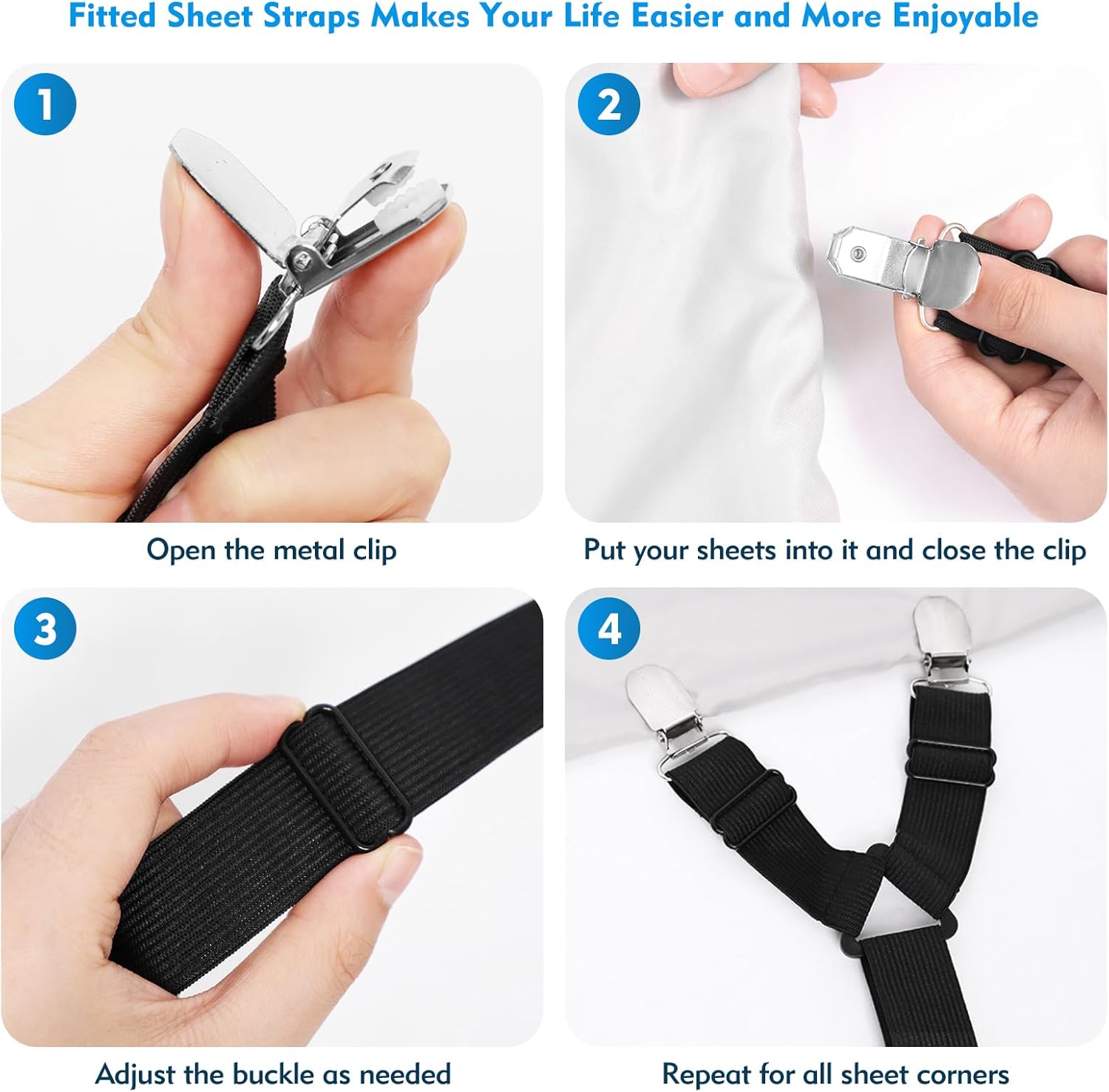 Correas de sábanas, 2 correas elásticas ajustables para sujetar las sábanas en su lugar con clips de metal, soportes de sábanas para funda de