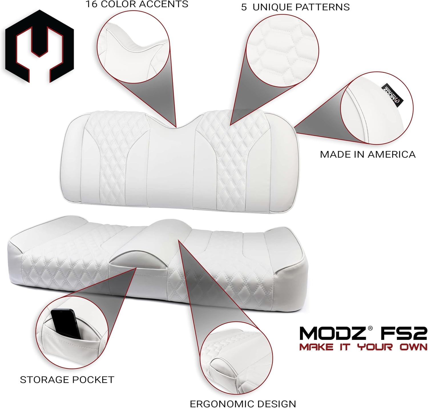 MODZ FS2 Custom Golf Cart Asiento Delantero para ICON 20,i20L, i40 & i40L – Añadir $40 – Base Blanca – Sin patrón