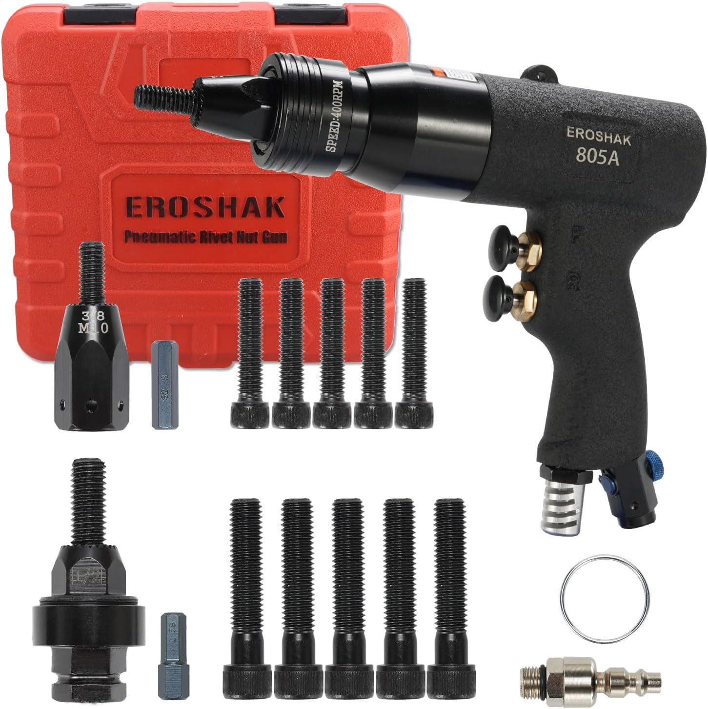 EROSHAK Kit de herramientas de tuerca de remache de aire, pistola de remache neumática,Pistola neumática de tuerca de remache con mandriles M10,M12