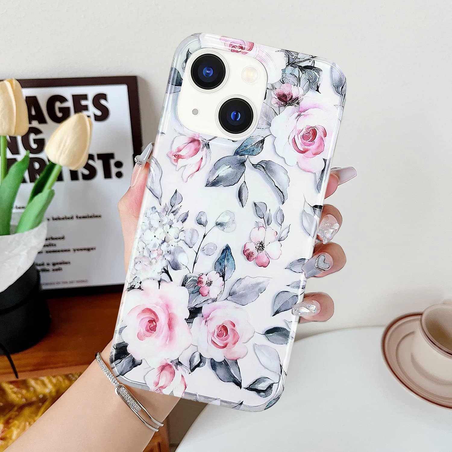 J.west Funda para iPhone 13 de 6.1 pulgadas, suave, transparente, retro, rosa, floral, flexible, TPU, a prueba de golpes, transparente, elegante,