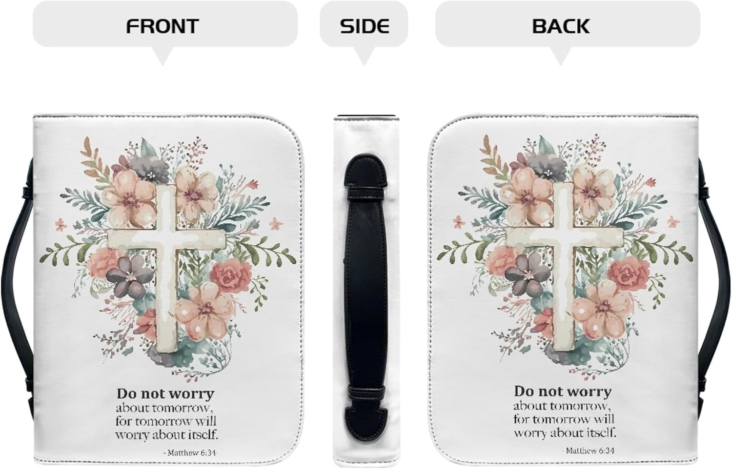 Estuche grande de la Biblia floral para mujer con versículo cruzado, tamaño grande con asa con cremallera, estuche de iglesia escritura, regalo