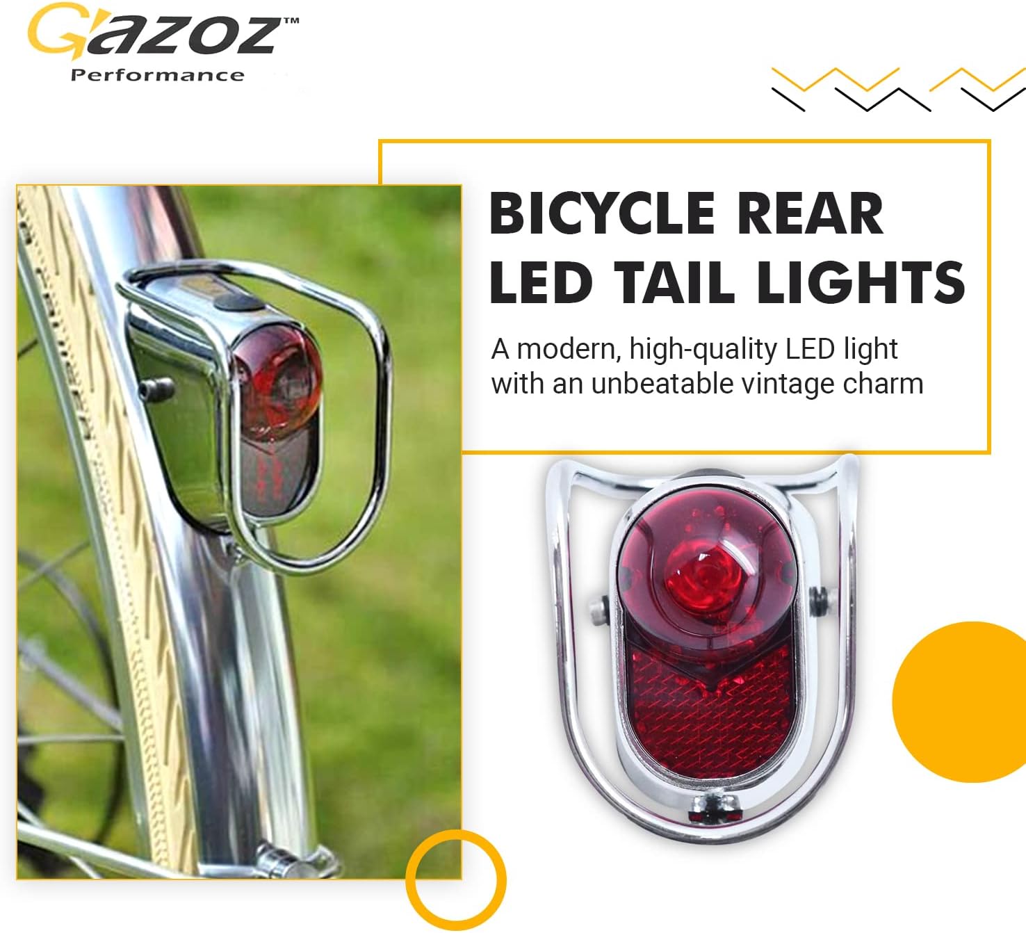 Gazoz Performance Luz trasera LED para bicicleta, luz trasera vintage con aspecto cromado, accesorios clásicos para bicicleta