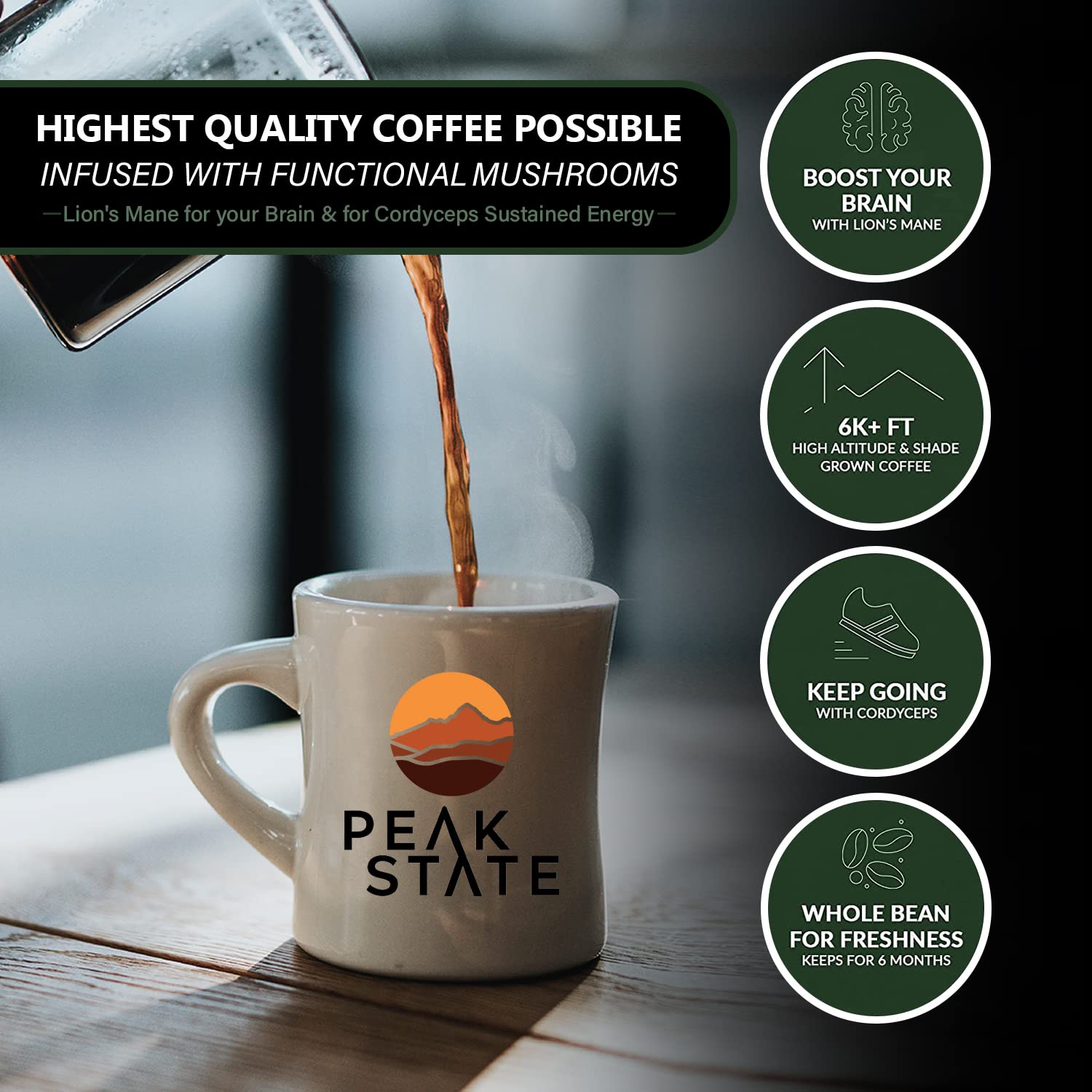 Peak State Café con beneficios, paquete variado de 3 bolsas café de hongos, bajo en ácido y suave, refuerzo de la inmunidad, mantenimiento del