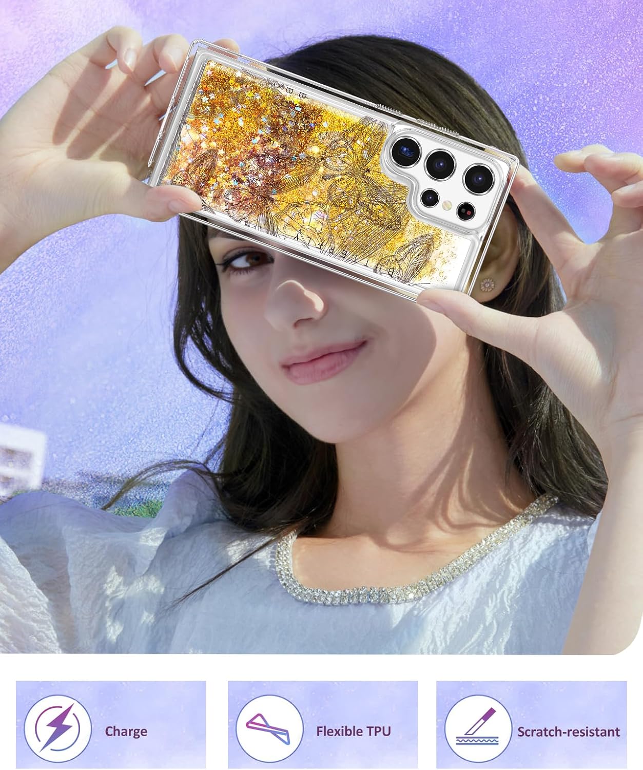 Funda para Samsung Galaxy S22 Ultra con purpurina líquida de arena movediza linda mariposa estética bonita divertida cubierta de diseño brillante